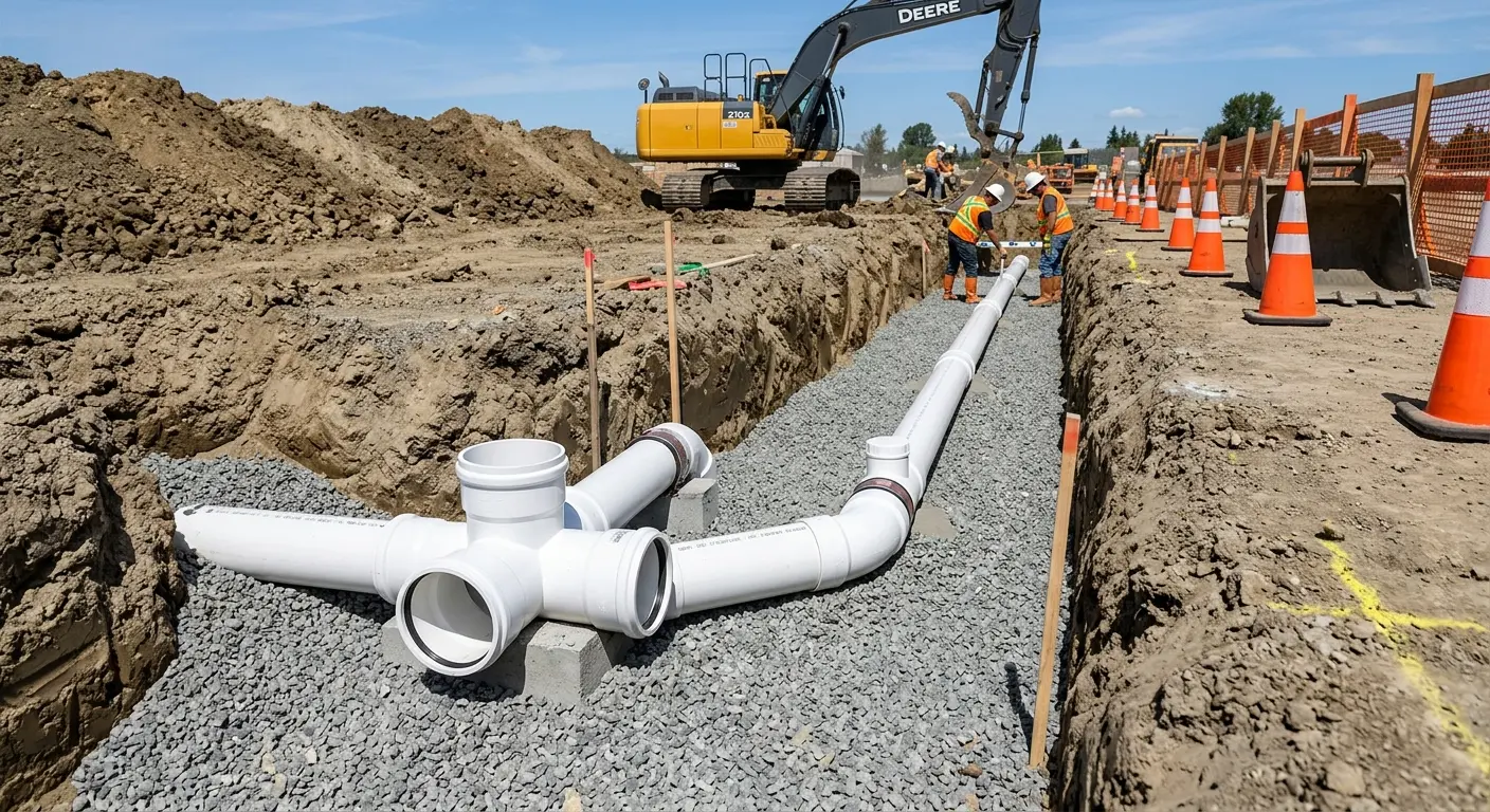 New PVC sewer pipe installation in open trench for Sewer Backup in Oak Creek