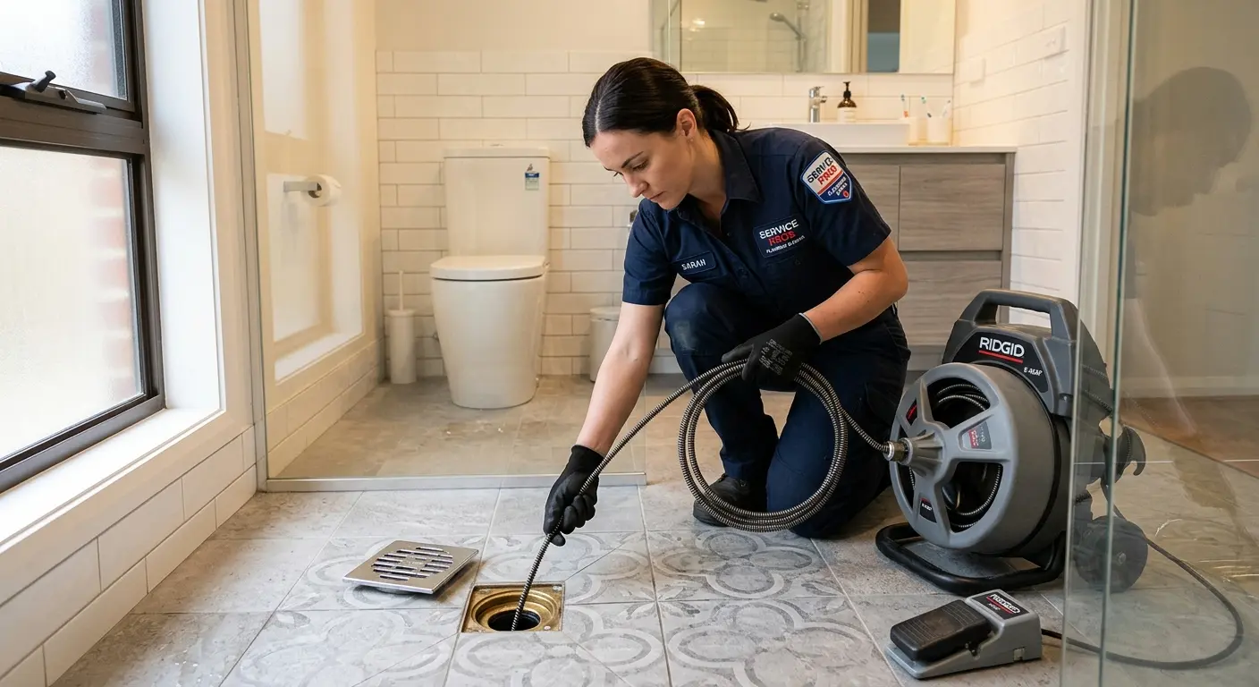 Technician clearing a bathroom floor drain for Sewer Line Replacement in Oak Creek